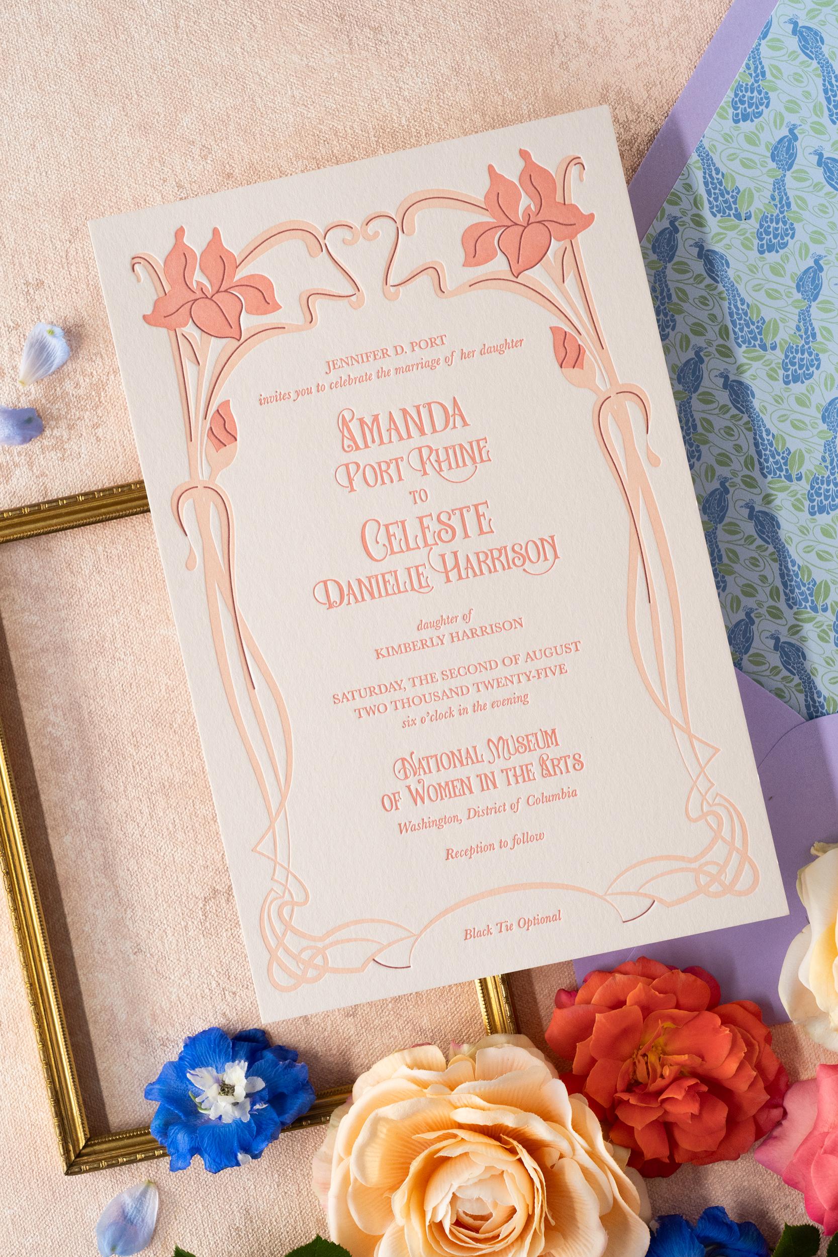 Colorful Art Nouveau wedding invitation