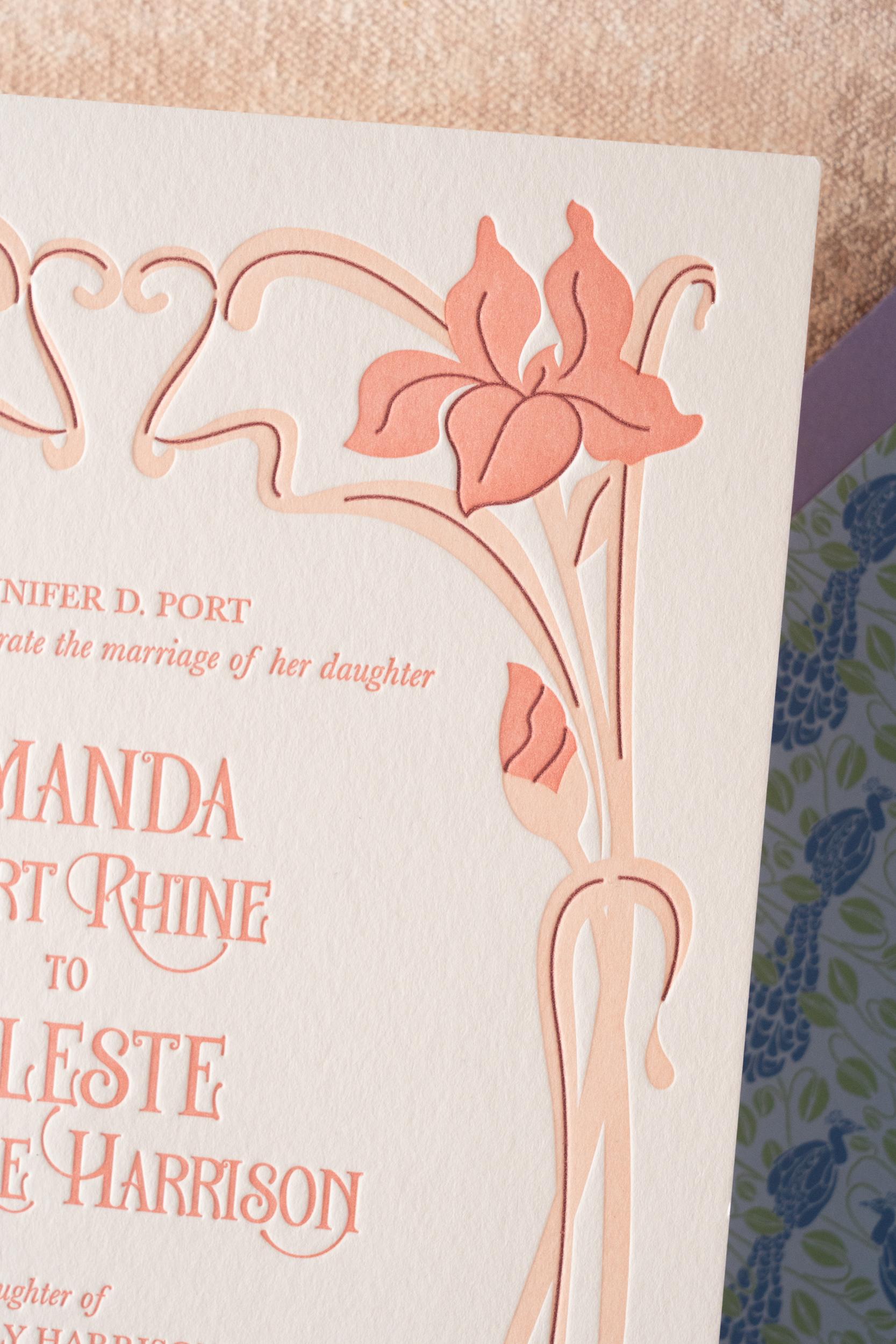 Colorful Art Nouveau wedding invitation detail
