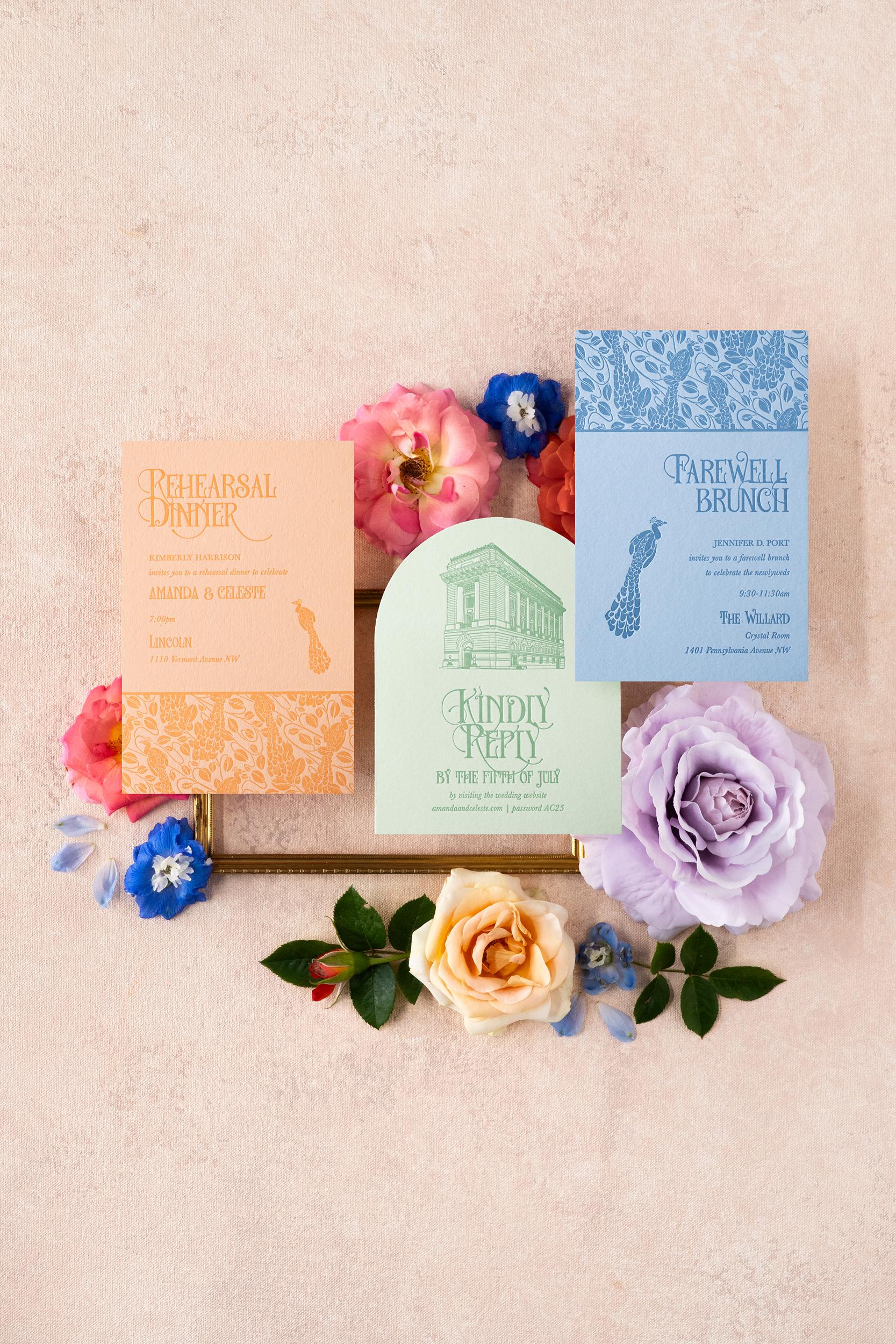 Colorful Art Nouveau wedding invitation suite