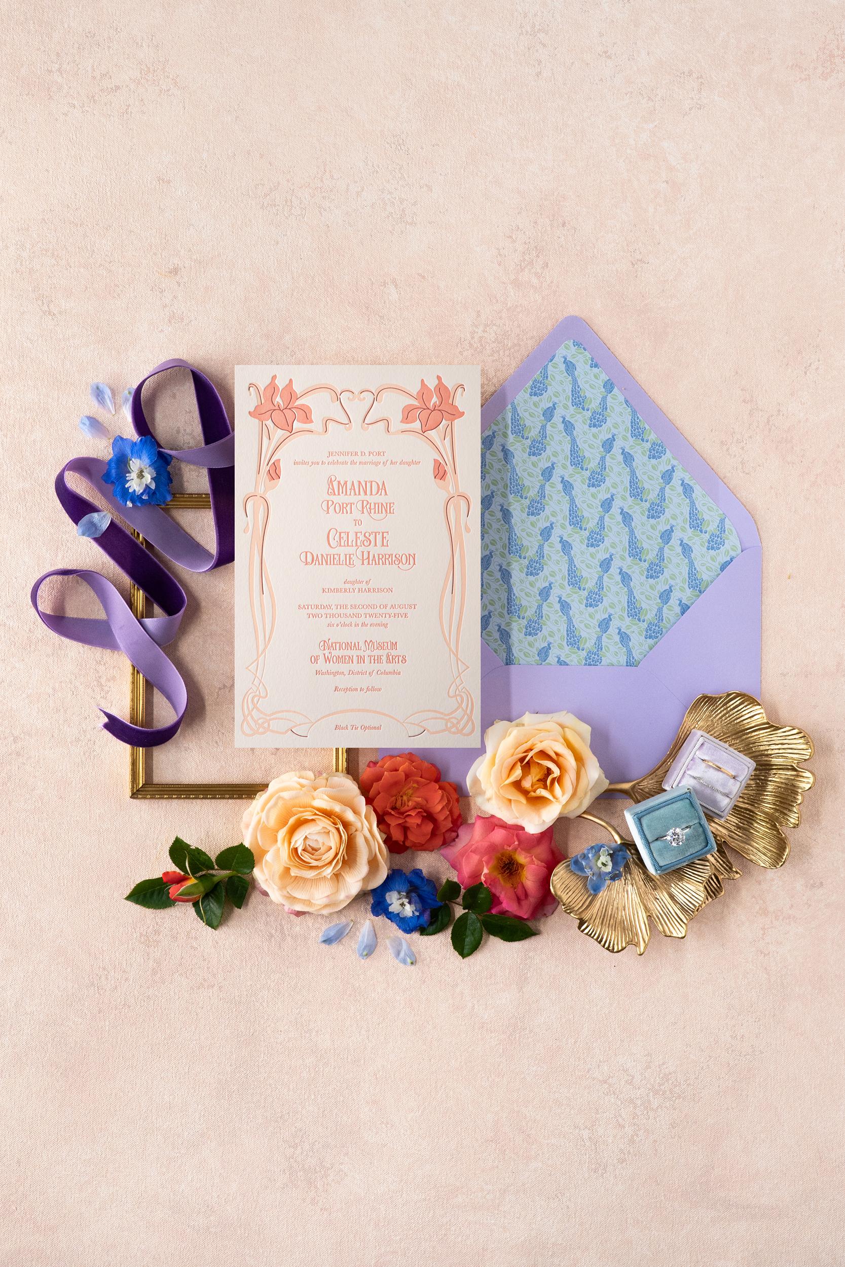Colorful Art Nouveau wedding invitation suite