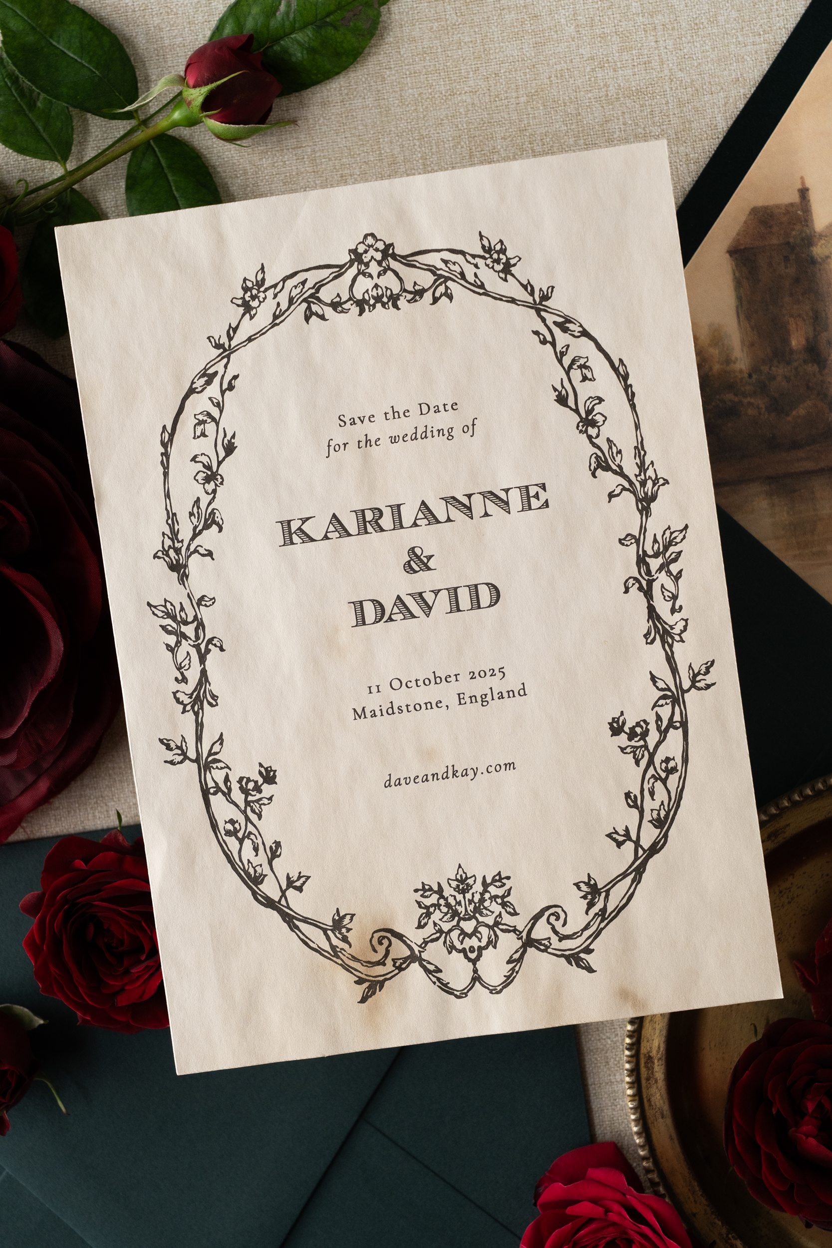 Vintage romantic wedding save the date