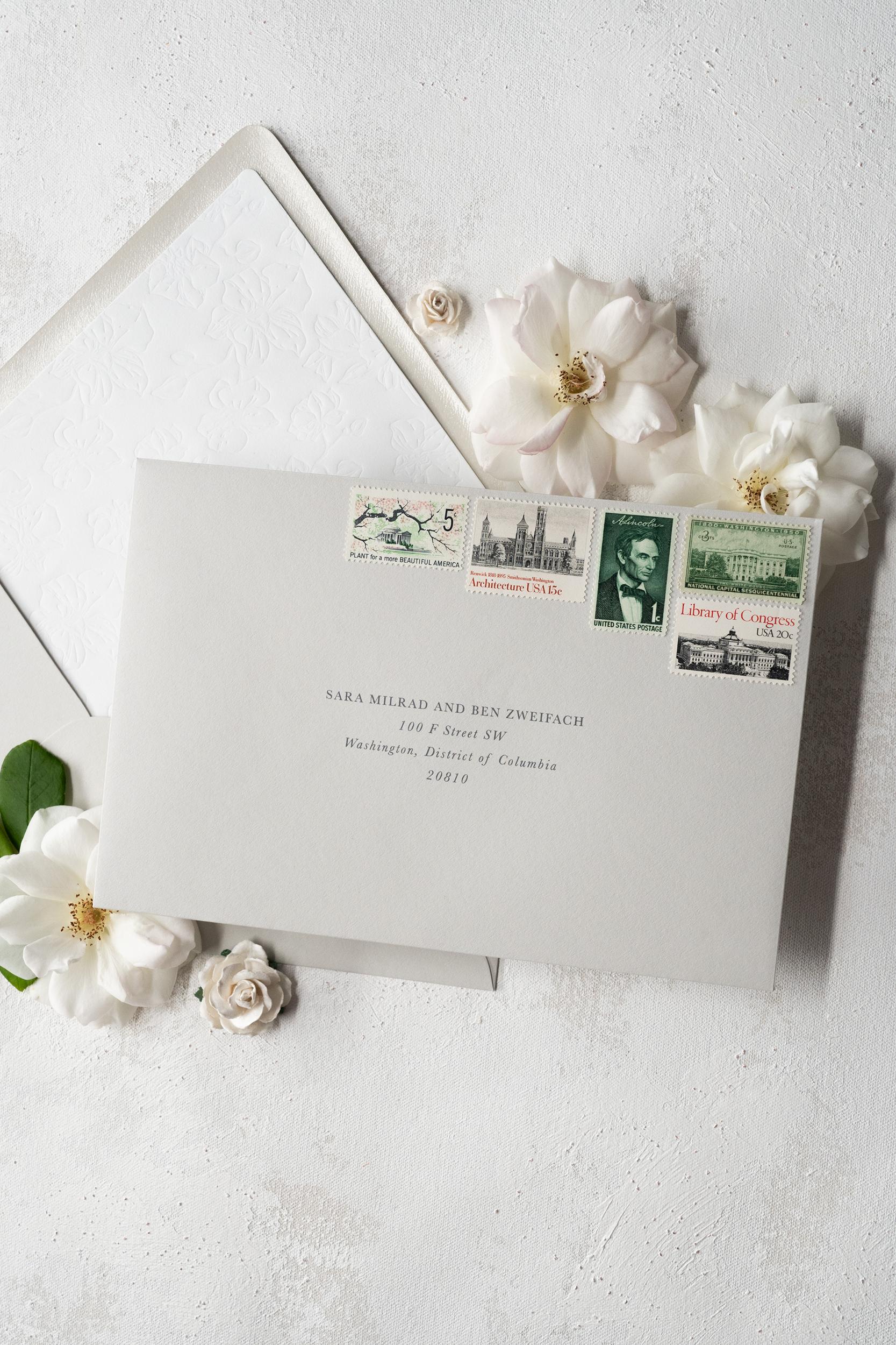 Romantic neutral gray wedding invitation envelope