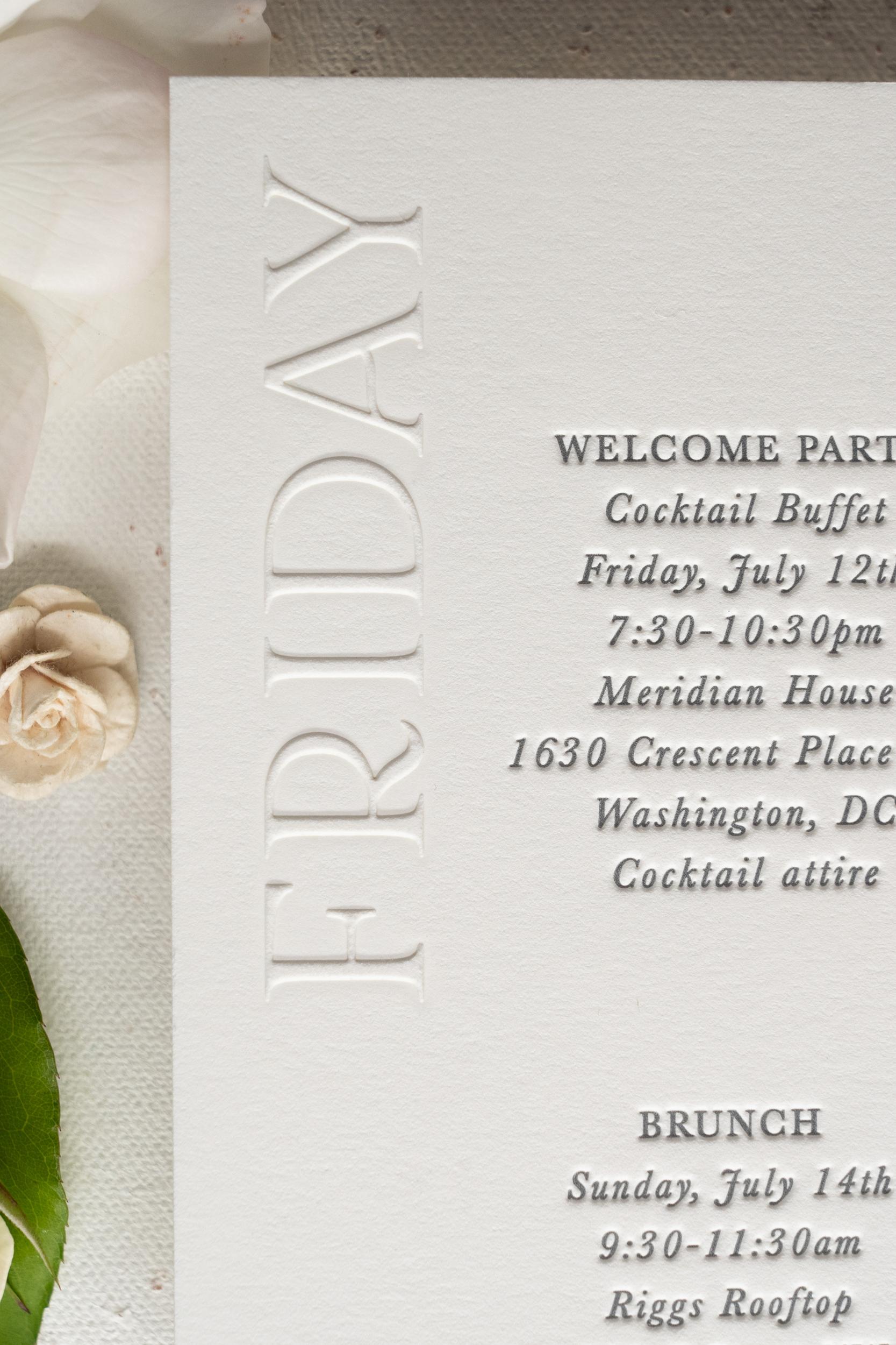 Romantic neutral wedding itinerary detail